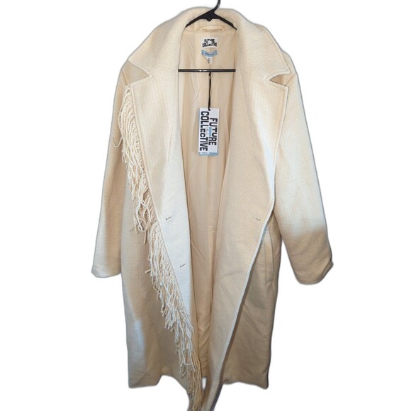 Women's Future Collective Notched Lapel Double Breasted Fringe Coat Cream Medium - Picture 7 of 8
